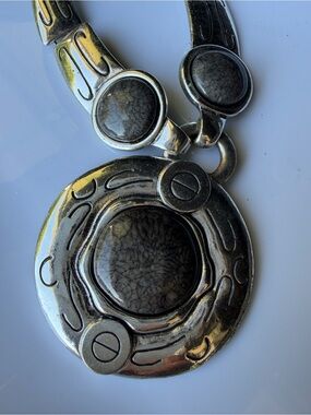 Silver-Tone Round Pendant Necklace with Gray Stone